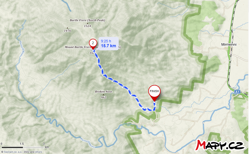 Hiking route map for Mount Bartle Frere