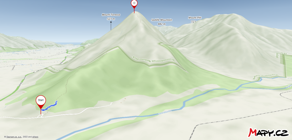 A 3D view of the hiking route for Walshs Pyramid.