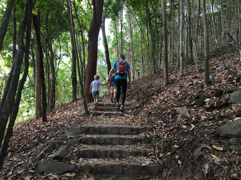 Walking on the Yellow Arrow Cairns trail through the beautiful forest of Mount Whitfield National Park.