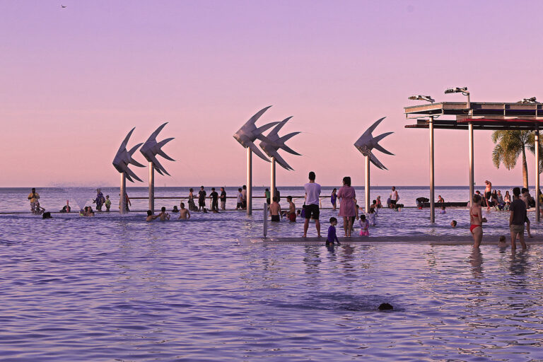 Beautiful Cairns Esplanade Lagoon at sunset, Tropical North Queensland, Australia